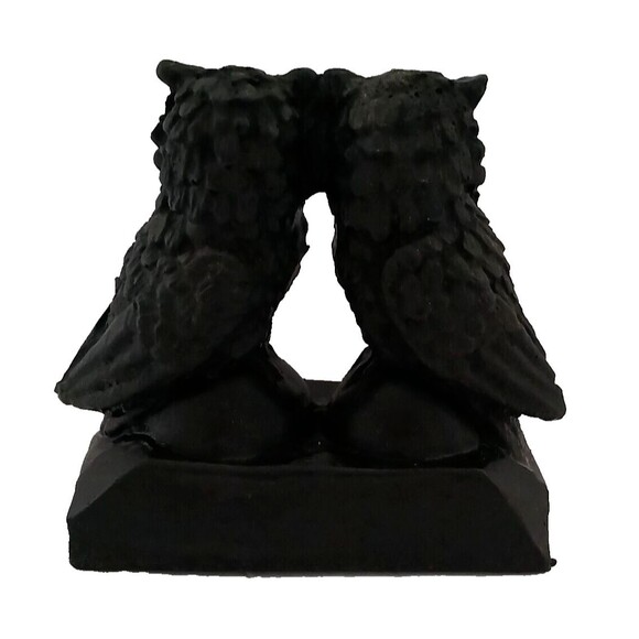 Hand Crafted From Coal Pair Of Owls Mates Statue Black With Red Rhinestone Eyes - Picture 3 of 11